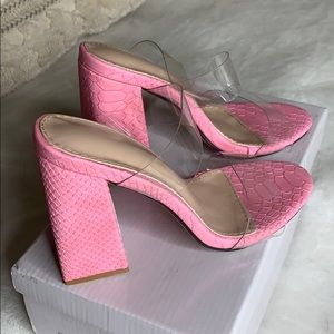 Pink Snakeskin Heels with Clear Plastic Straps